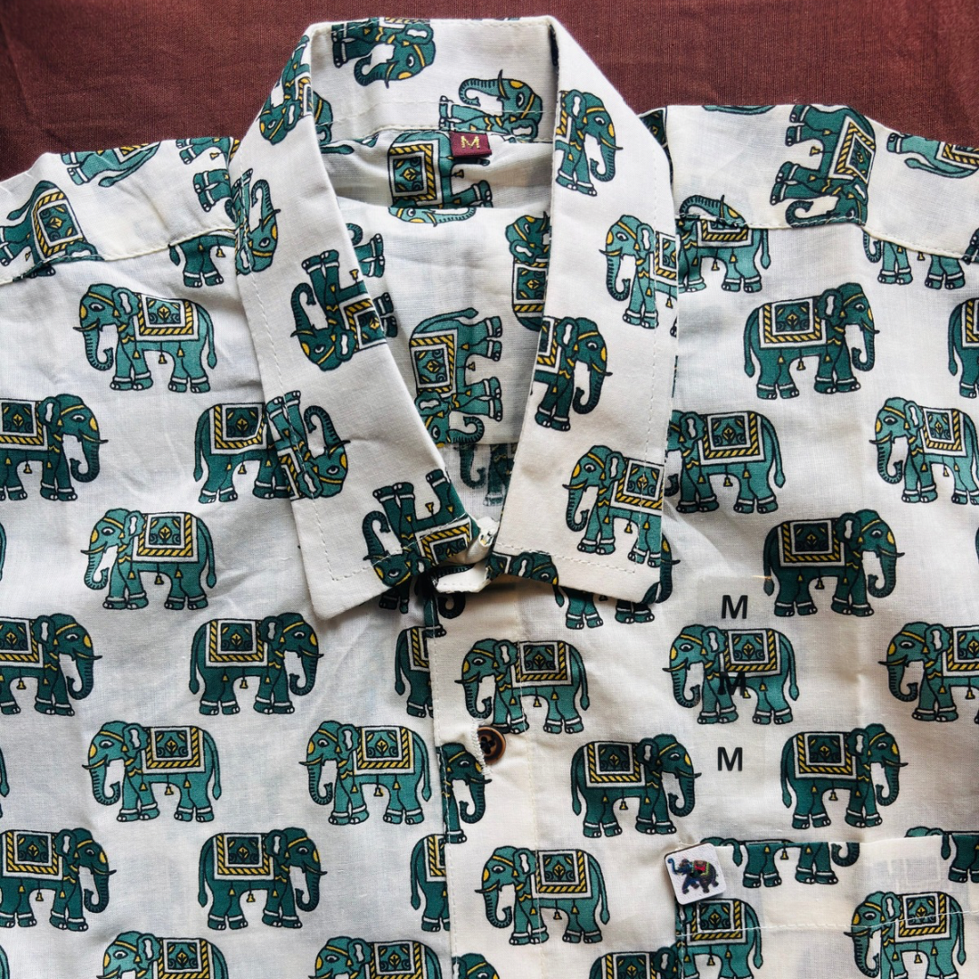 Teal Green Elephant Print | Regular Fit | Half Sleeves Shirt