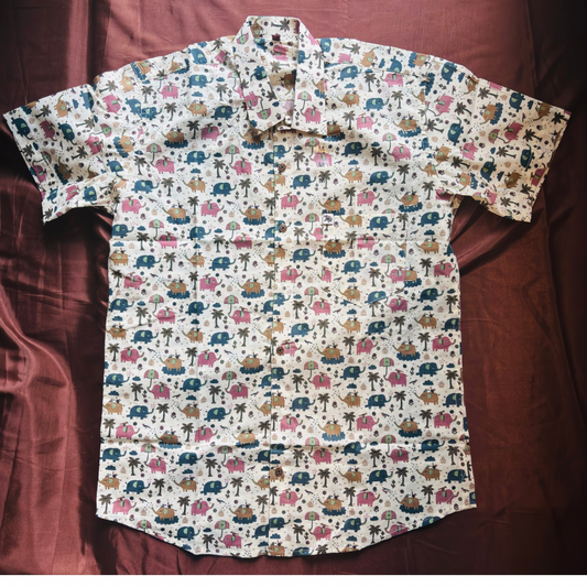 Pink&Blue Elephant Print  | Regular Fit | Half Sleeves Shirt