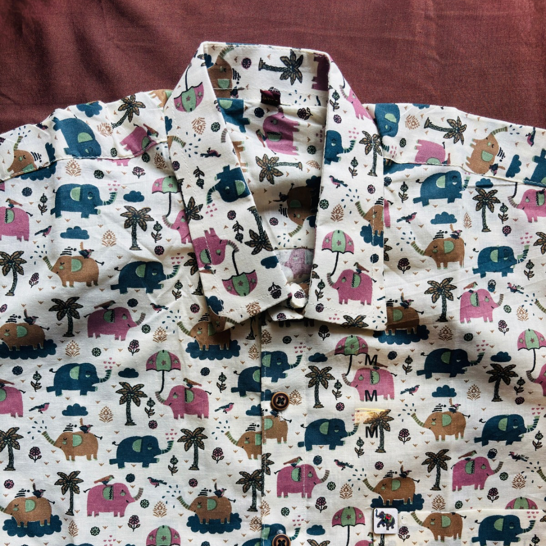 Pink&Blue Elephant Print  | Regular Fit | Half Sleeves Shirt