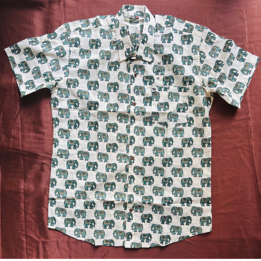 Teal Green Elephant Print | Regular Fit | Half Sleeves Shirt
