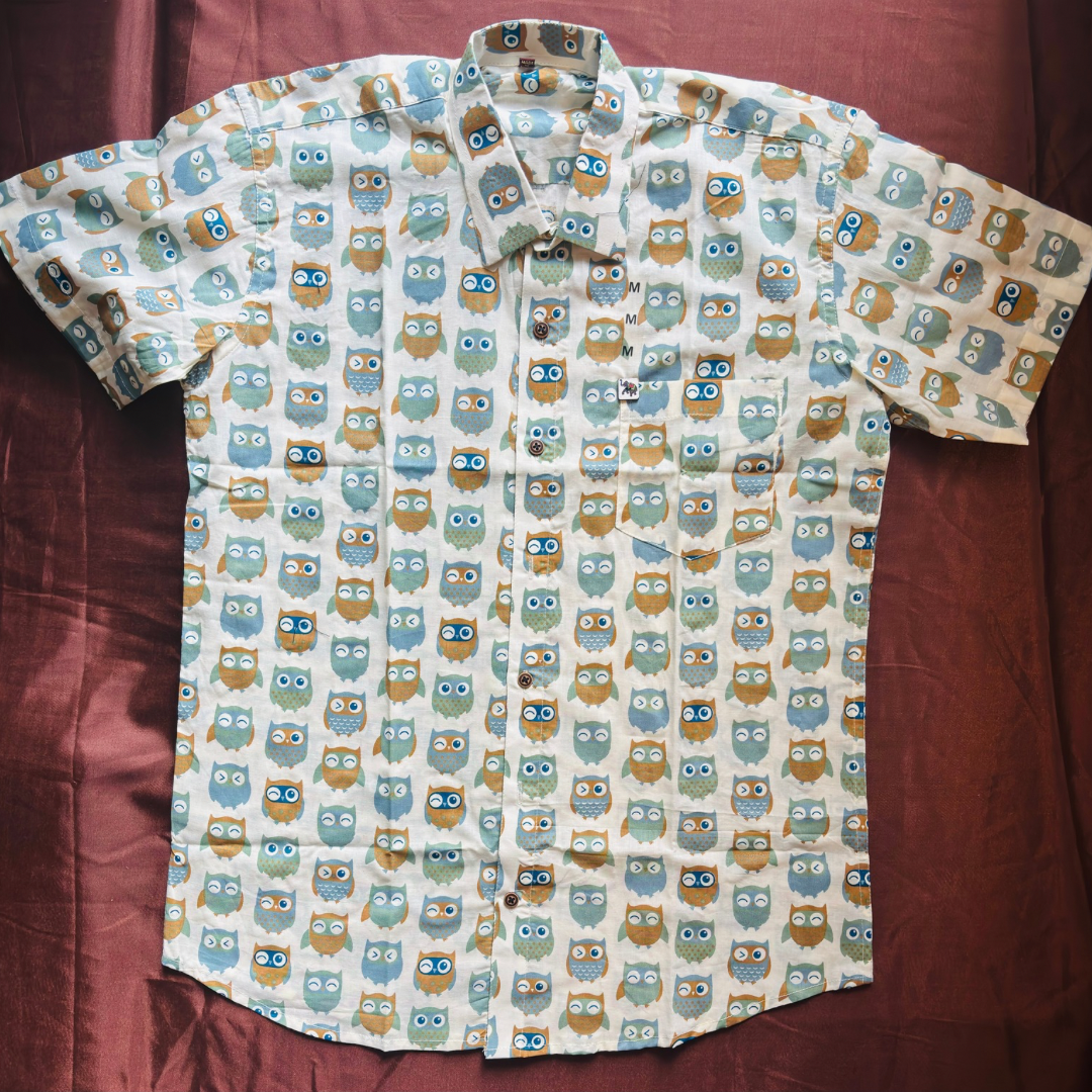 Colourful Owl Print | Regular Fit | Half Sleeves  Shirt