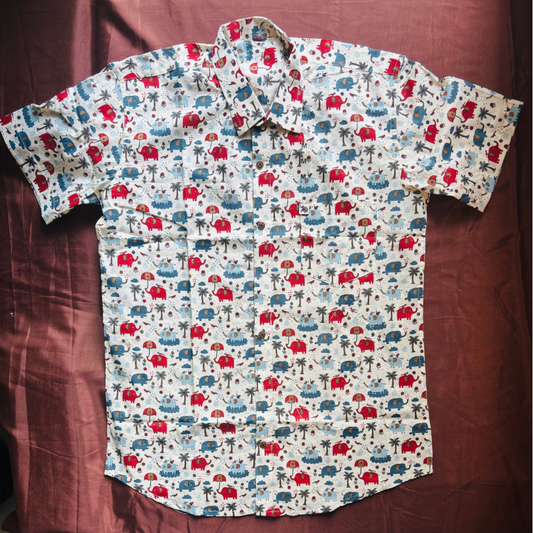 Red & Blue Cute Elephant Print  | Regular Fit | Half Sleeves Shirt
