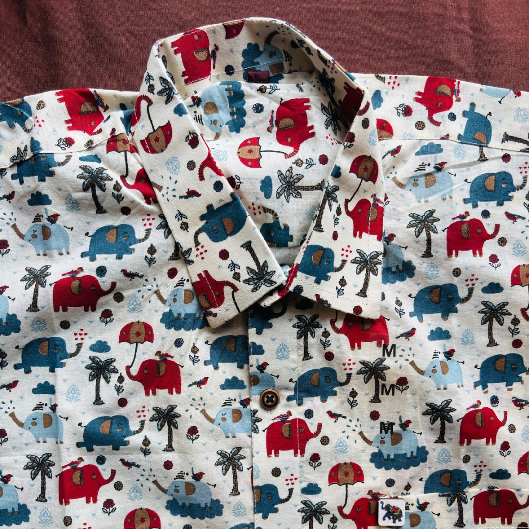 Red & Blue Cute Elephant Print  | Regular Fit | Half Sleeves Shirt