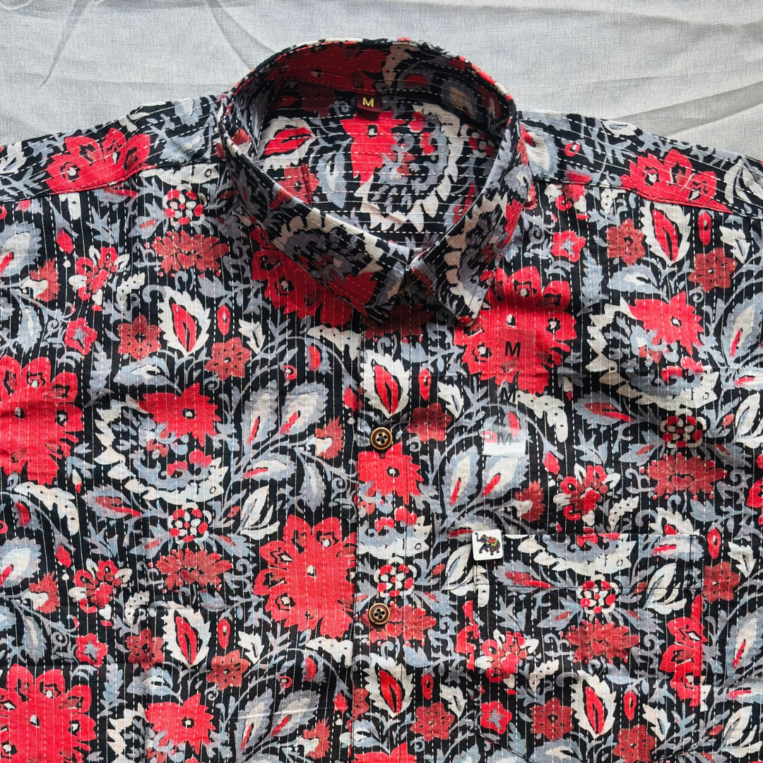 Red and Black Floral Print | Regular Fit | Half Sleeves Shirt