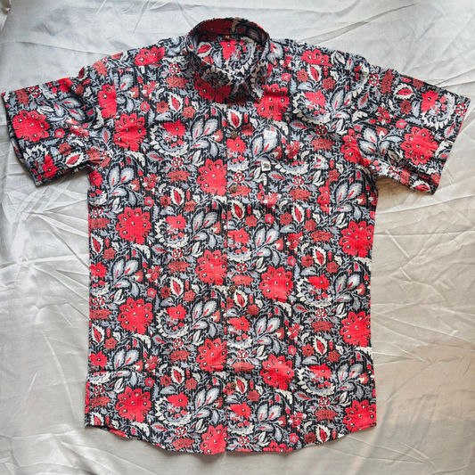 Red and Black Floral Print | Regular Fit | Half Sleeves Shirt