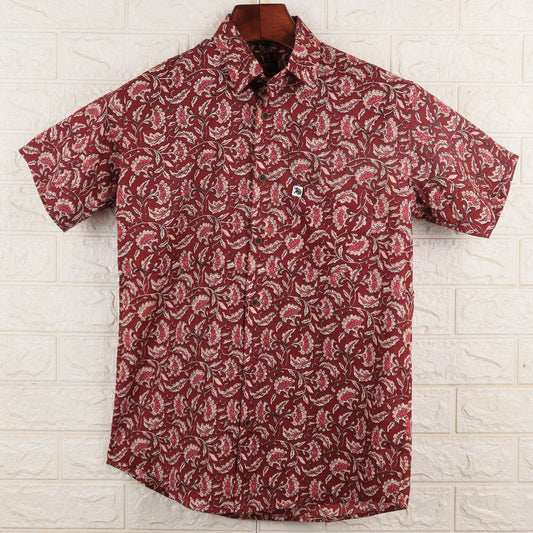 Red Flower HandBlock| Regular Fit | Half Sleeves  Shirt