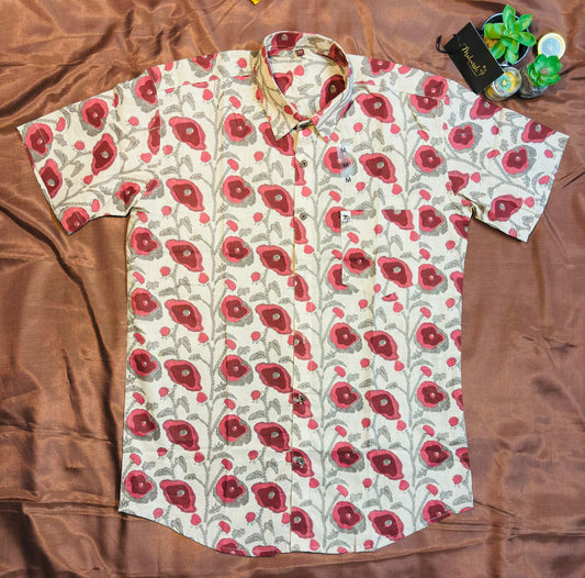 Grey and Red Flower Print  | Regular Fit | Half Sleeves  Shirt