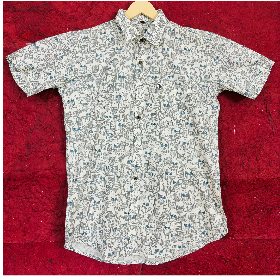 White & Grey Owl | Regular Fit | Half Sleeves Shirt