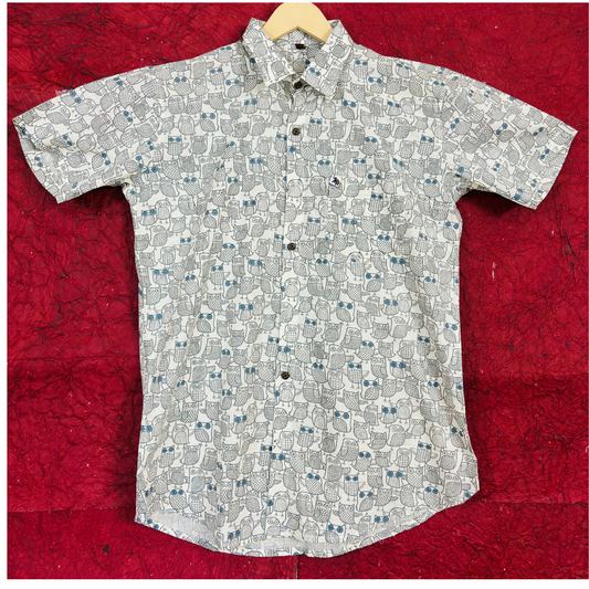 White & Grey Owl | Regular Fit | Half Sleeves Shirt