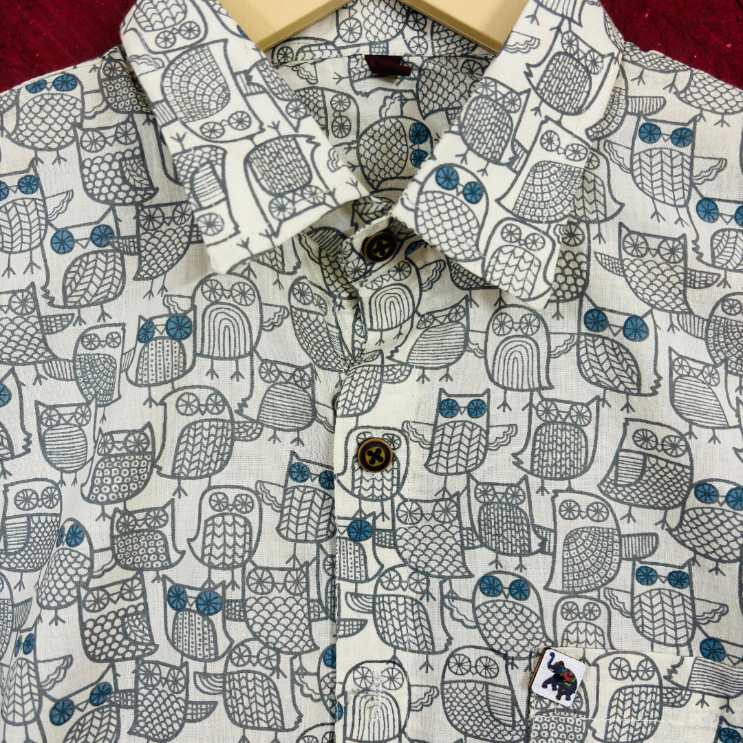 White & Grey Owl | Regular Fit | Half Sleeves Shirt