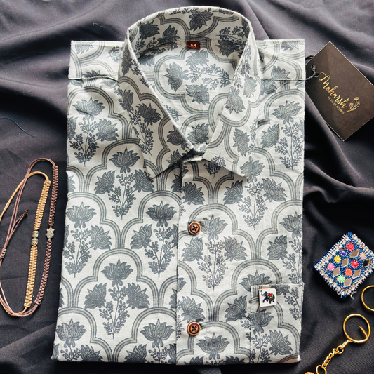 Grey Floral Print | Regular Fit | Full Sleeves Shirt